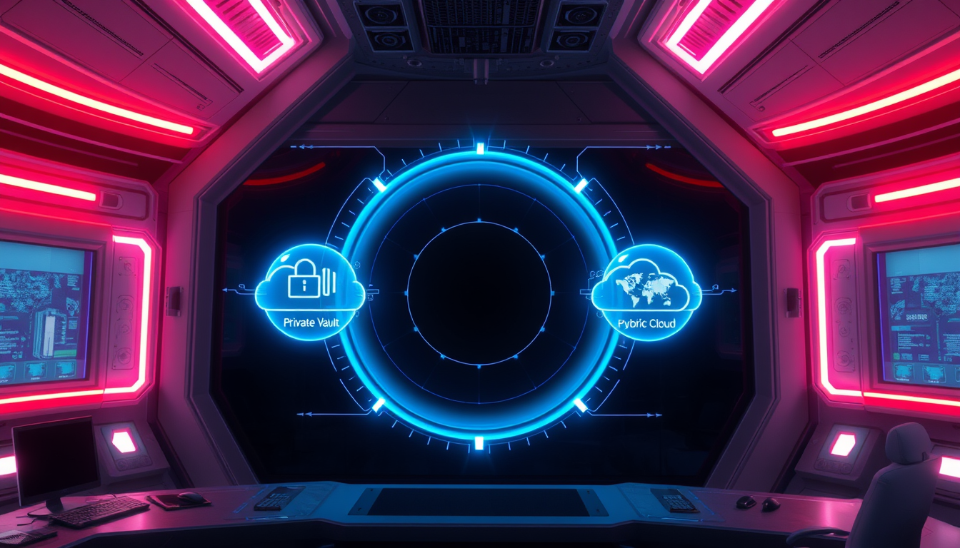 미래형 관제실의 홀로그램 인터페이스에 퍼블릭, 프라이빗, 하이브리드 클라우드 모델이 아이콘과 함께 표시되는 이미지