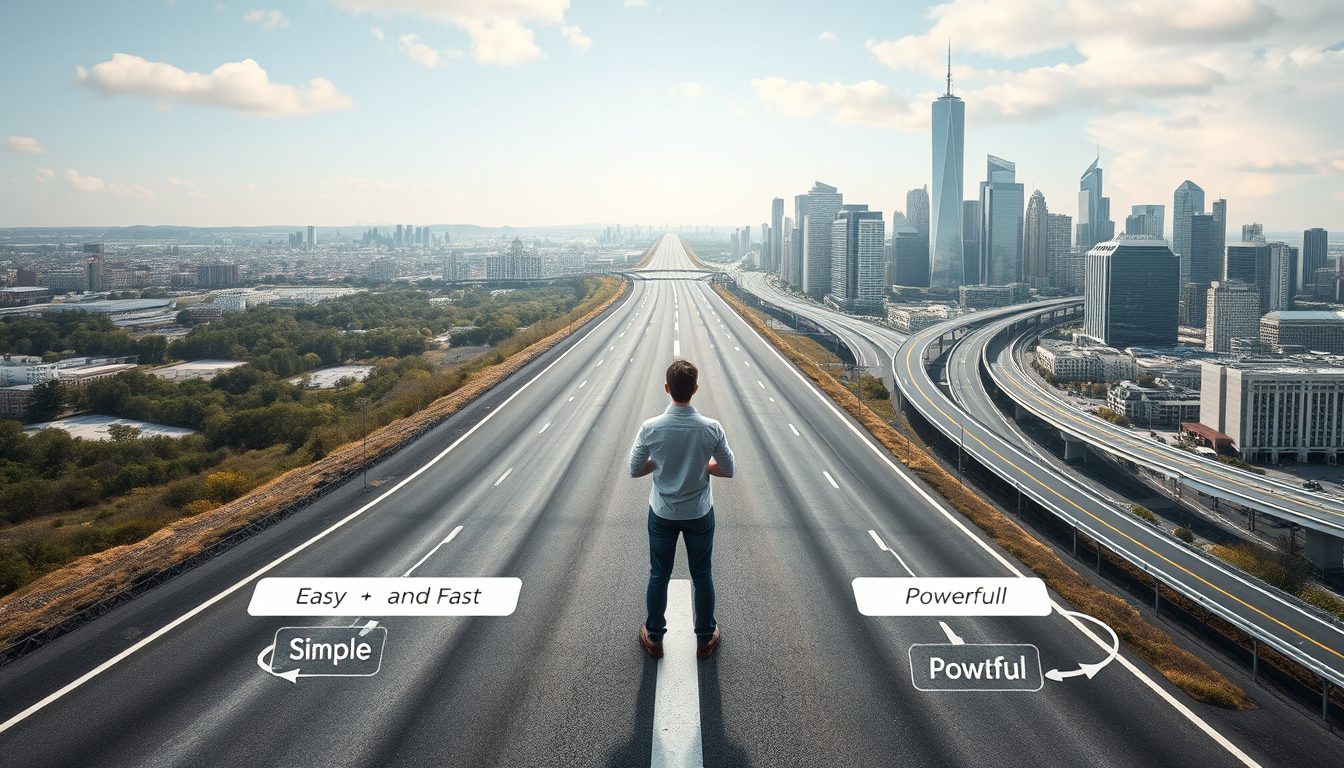 두 자동화 툴 사이에서 자신의 필요에 맞는 선택을 고민하는 사용자를 표현한 이미지