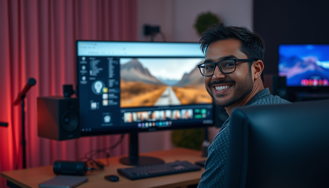 자신의 영상 편집 결과물을 보며 만족스럽게 웃고 있는 콘텐츠 크리에이터.