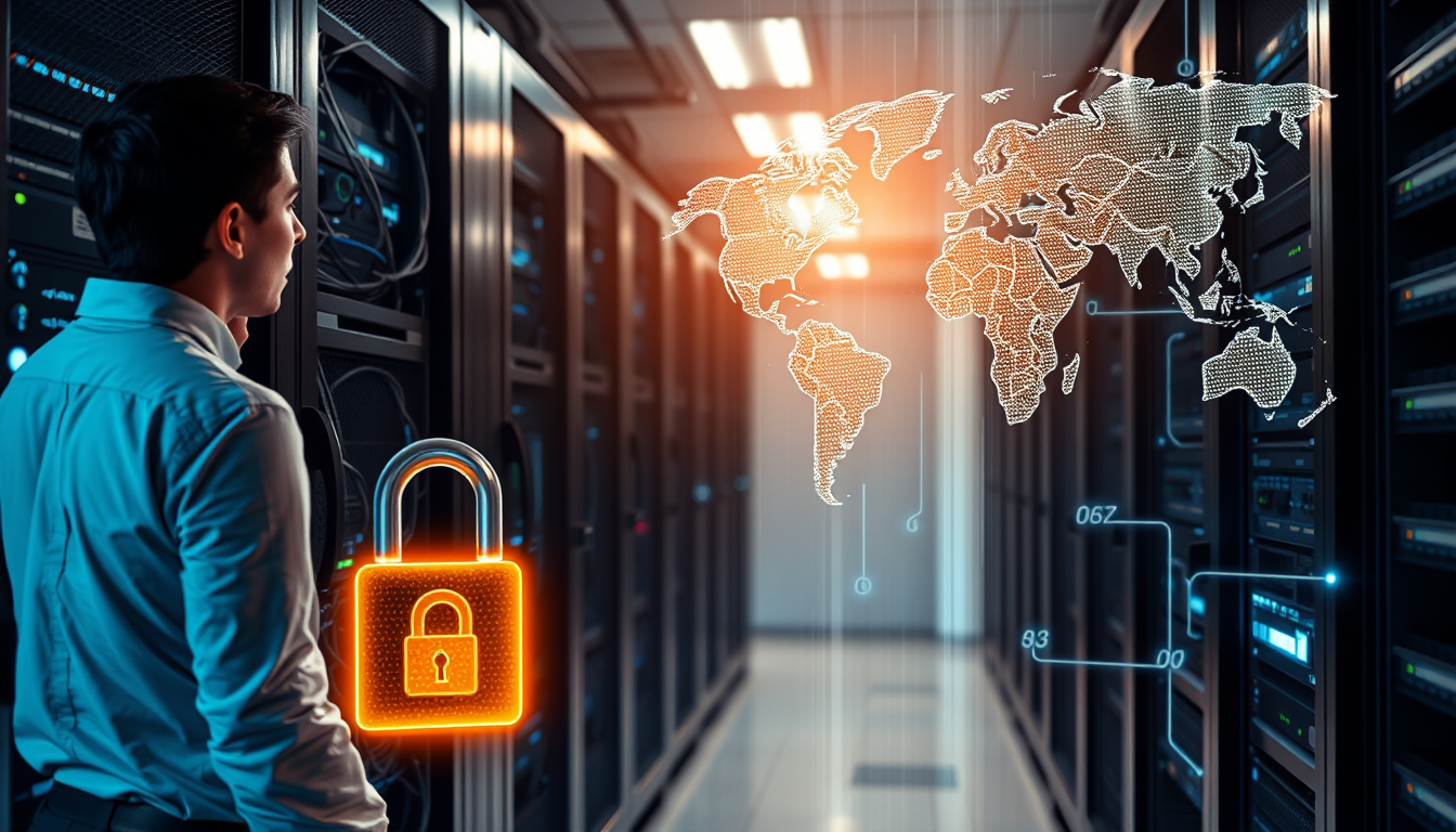 IT 전문가가 보안과 유연성이 공존하는 하이브리드 클라우드 서버랙을 관리하며 장단점을 고심하는 모습