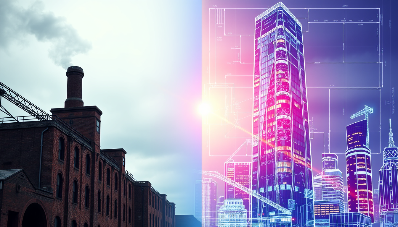 오래된 공장과 빛나는 현대식 건물 청사진이 결합되어 숨겨진 자산 가치를 상징하는 이미지