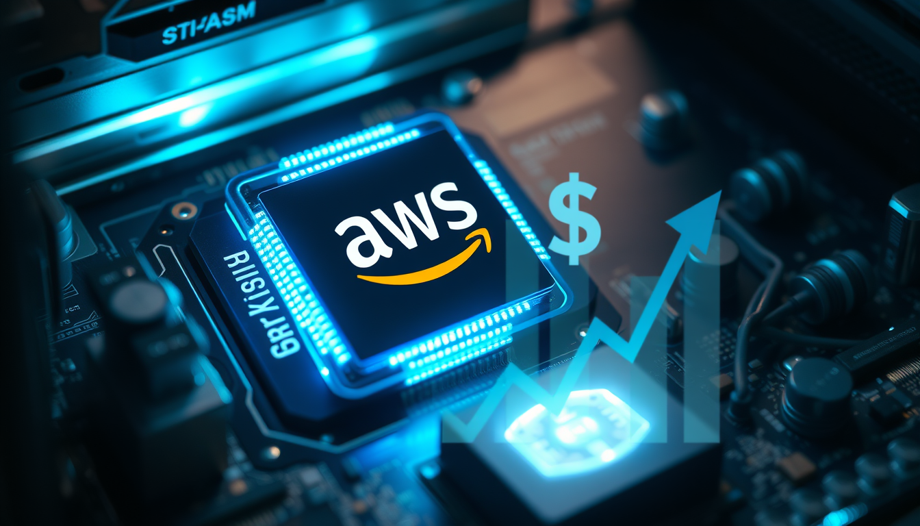 강력한 성능과 비용 효율을 상징하는 AWS 그래비톤 프로세서 칩이 서버에 장착되는 모습