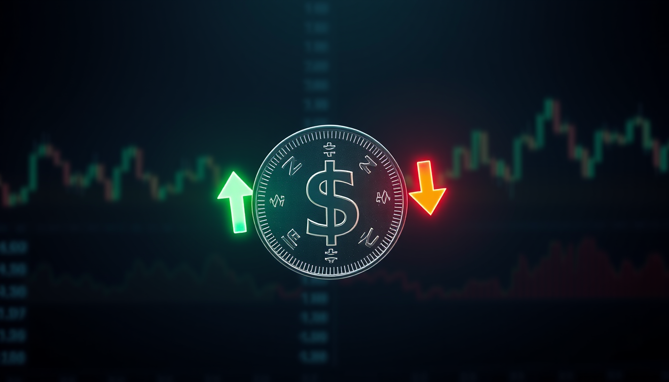 단타 매매의 장점과 단점을 상징하는 동전의 양면 한쪽은 상승 화살표 다른 쪽은 하락 화살표