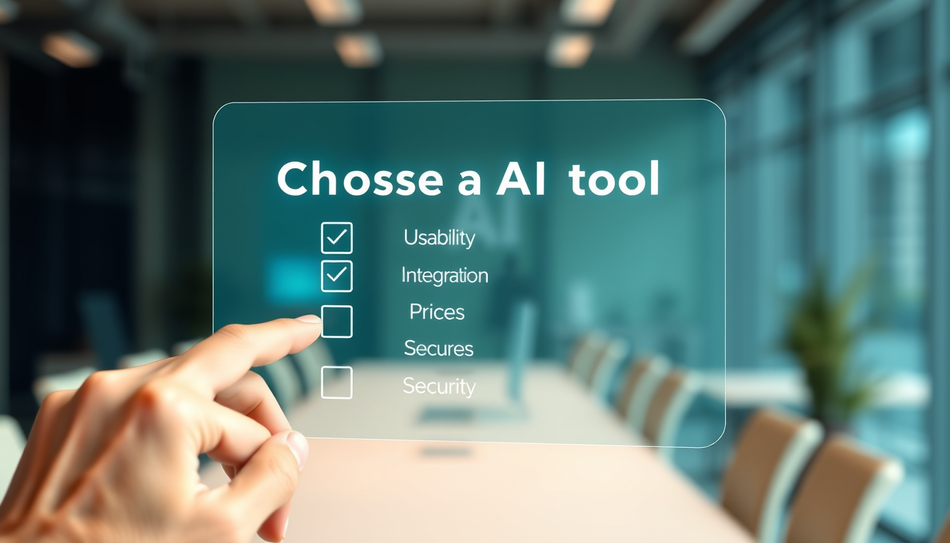 한 사용자가 미래적인 투명 스크린을 통해 AI 에이전트 도입을 위한 5가지 기준인 사용 편의성, 연동성, 가격, 기능, 보안을 체크하고 있는 모습