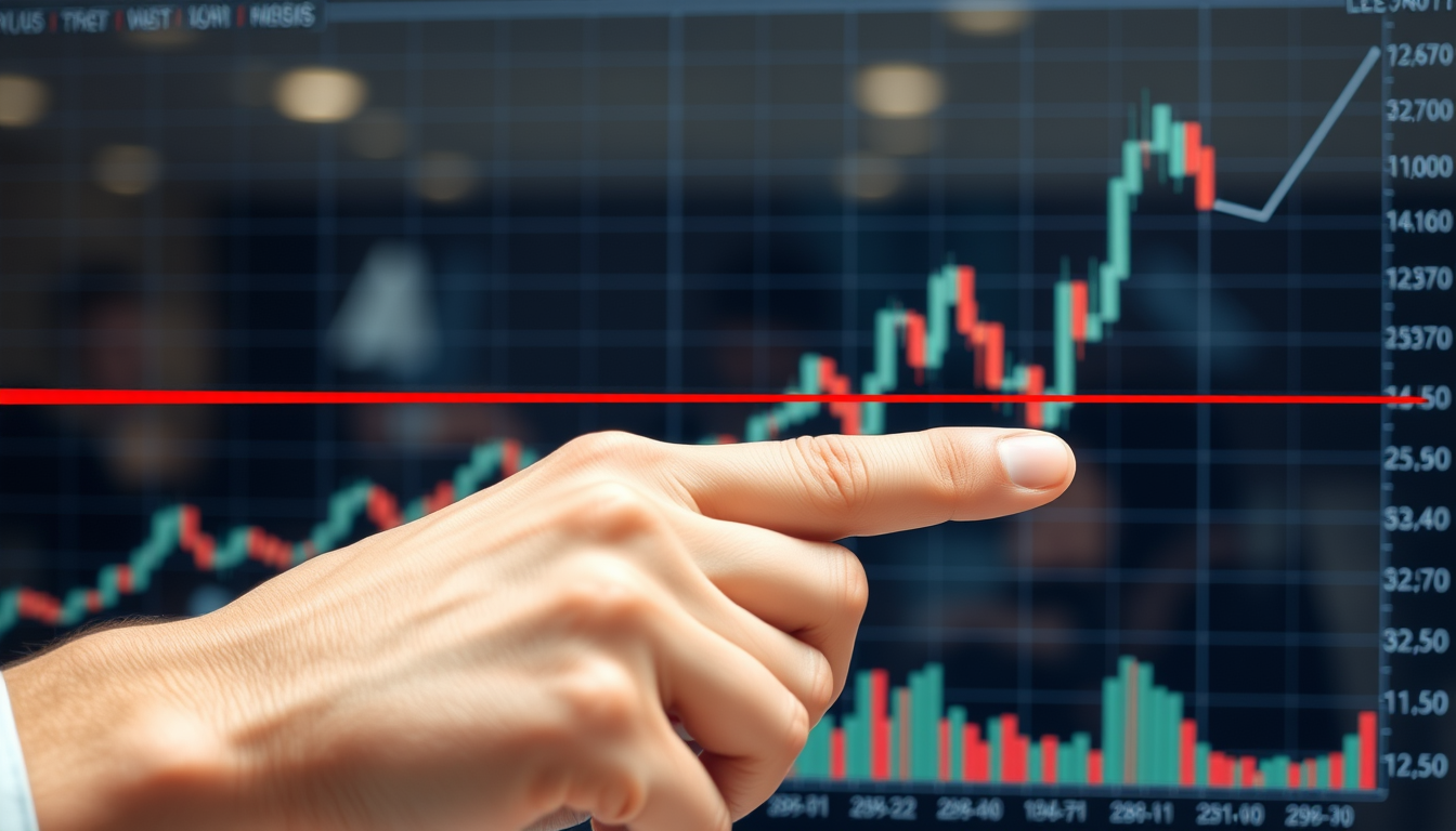 하락하는 주식 차트에 손절매를 상징하는 붉은 선을 긋는 손의 모습