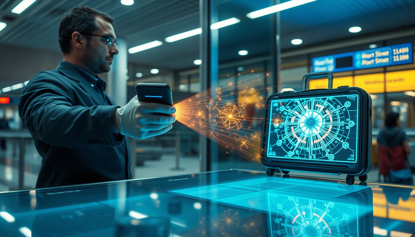 공항 보안 검색대에서 양자 센싱 기술을 이용해 마약을 탐지하는 첨단 스캐너