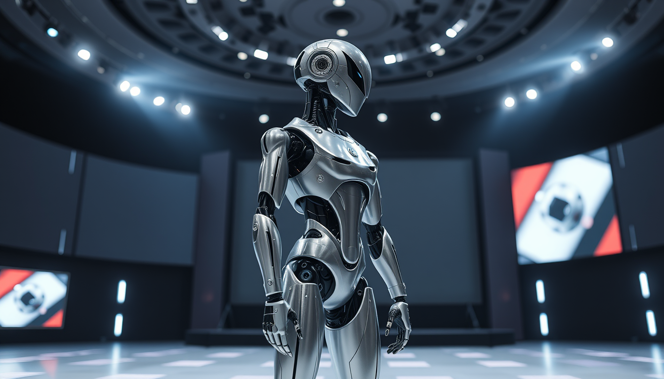 기술 컨퍼런스 무대 위에서 스포트라이트를 받고 있는 최첨단 휴머노이드 AI 로봇