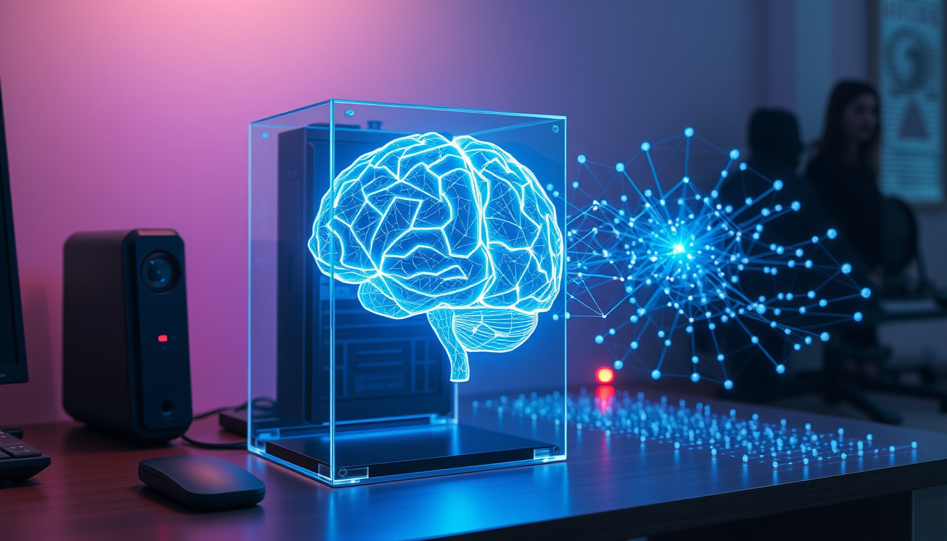 프라이빗 환경의 데이터와 퍼블릭 클라우드의 AI 모델이 결합된 미래의 하이브리드 AI 기술 트렌드를 보여주는 이미지