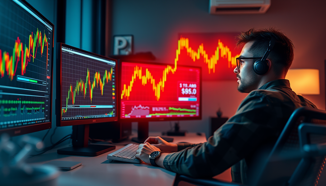 여러 모니터에 주식 차트를 띄워놓고 집중하고 있는 단타 트레이더의 모습