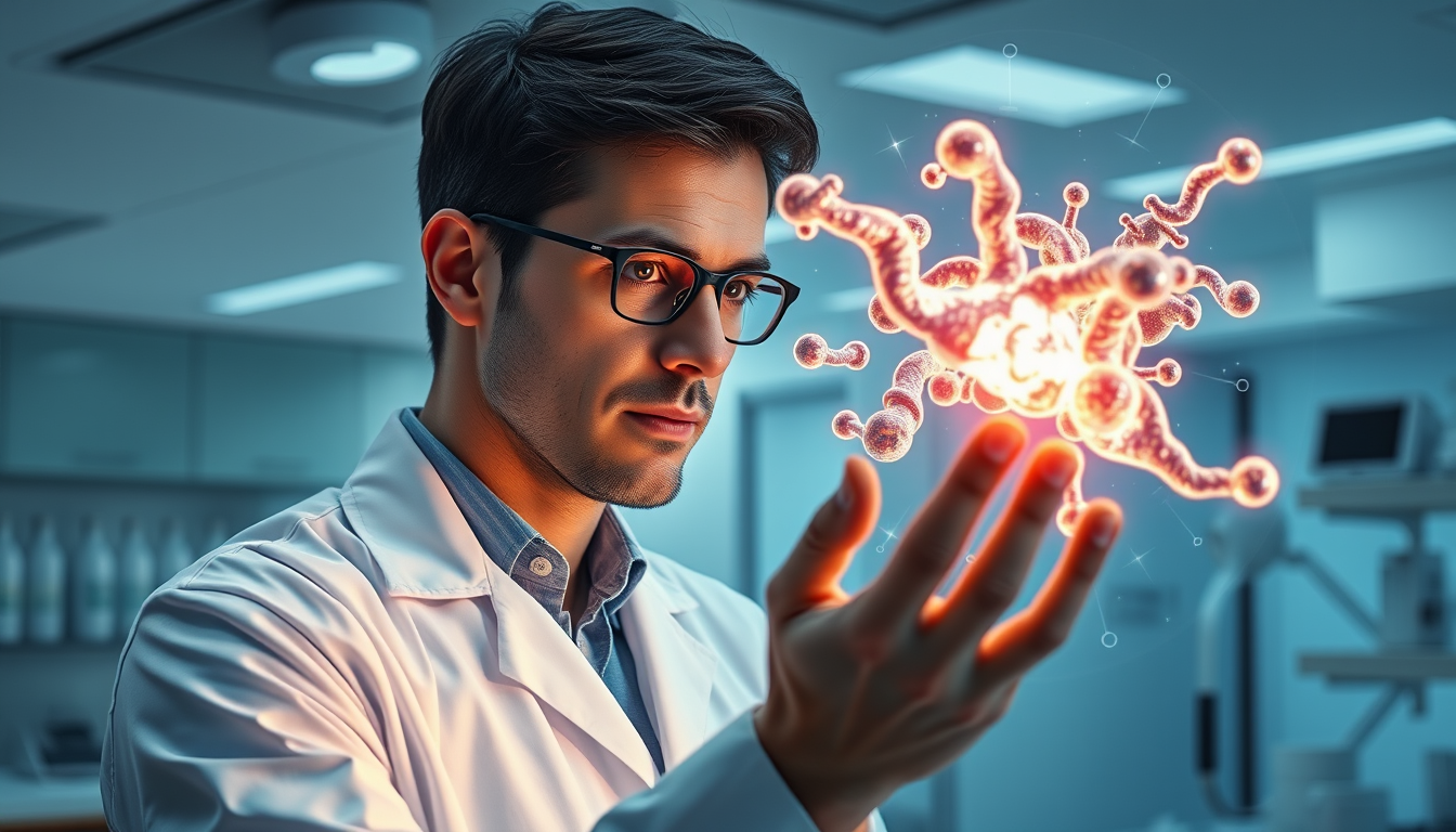 최첨단 연구실에서 홀로그램으로 신약 분자 구조를 분석하는 과학자