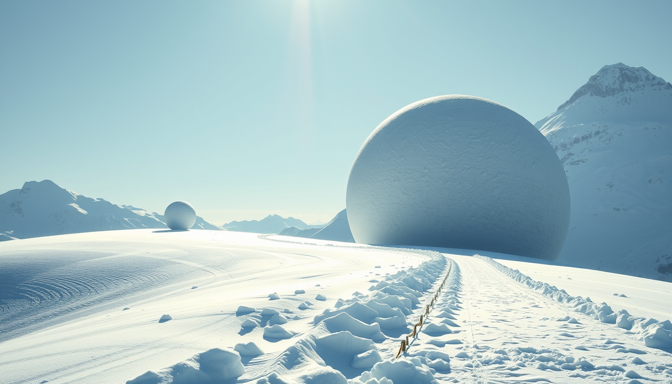 복리 효과를 시각적으로 표현하는, 언덕을 굴러 내려오며 점점 커지는 눈덩이