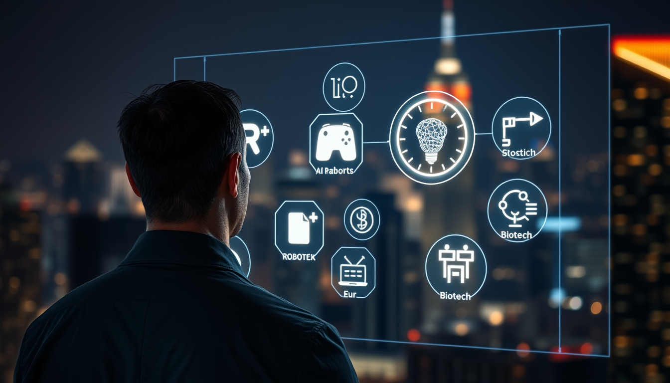 야경을 배경으로 투명 스크린을 통해 미래 투자 포트폴리오를 구상하는 투자자