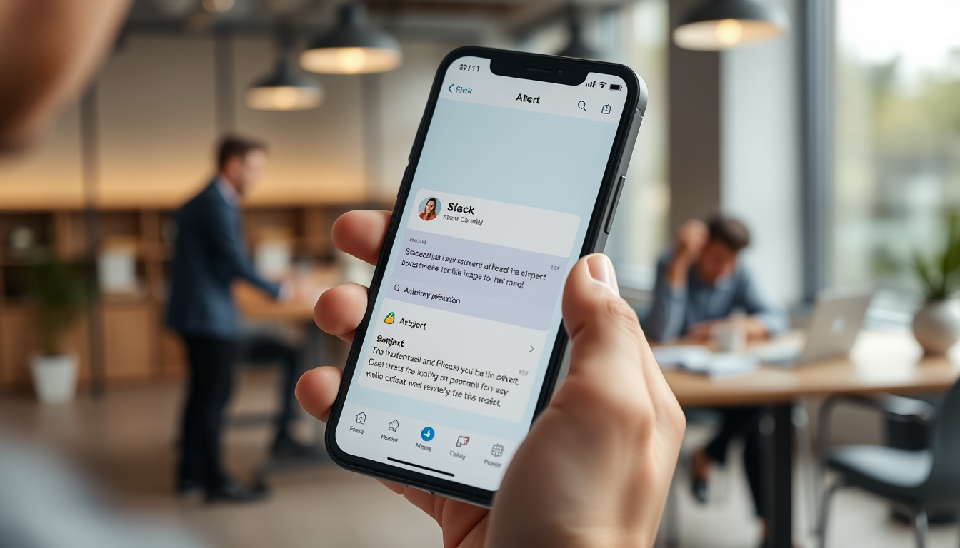 재피어를 통해 자동으로 생성된 중요 이메일 알림이 슬랙 채널에 표시된 스마트폰 화면