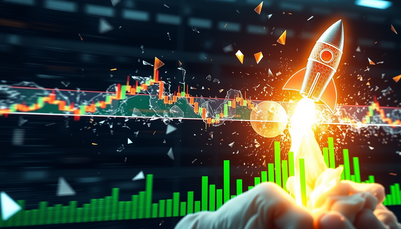 주식 차트가 로켓처럼 저항선인 유리 천장을 깨고 솟아오르는 돌파매매 이미지