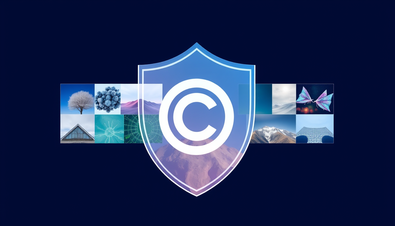 AI 생성 이미지의 저작권을 안전하게 사용함을 상징하는 저작권 방패 아이콘