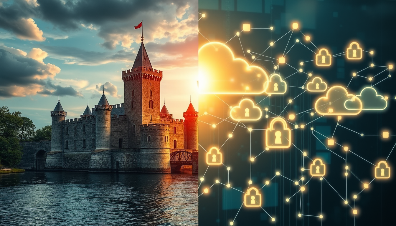 전통적인 성곽 모델 보안과 현대적인 클라우드 보안 환경의 차이를 보여주는 이미지