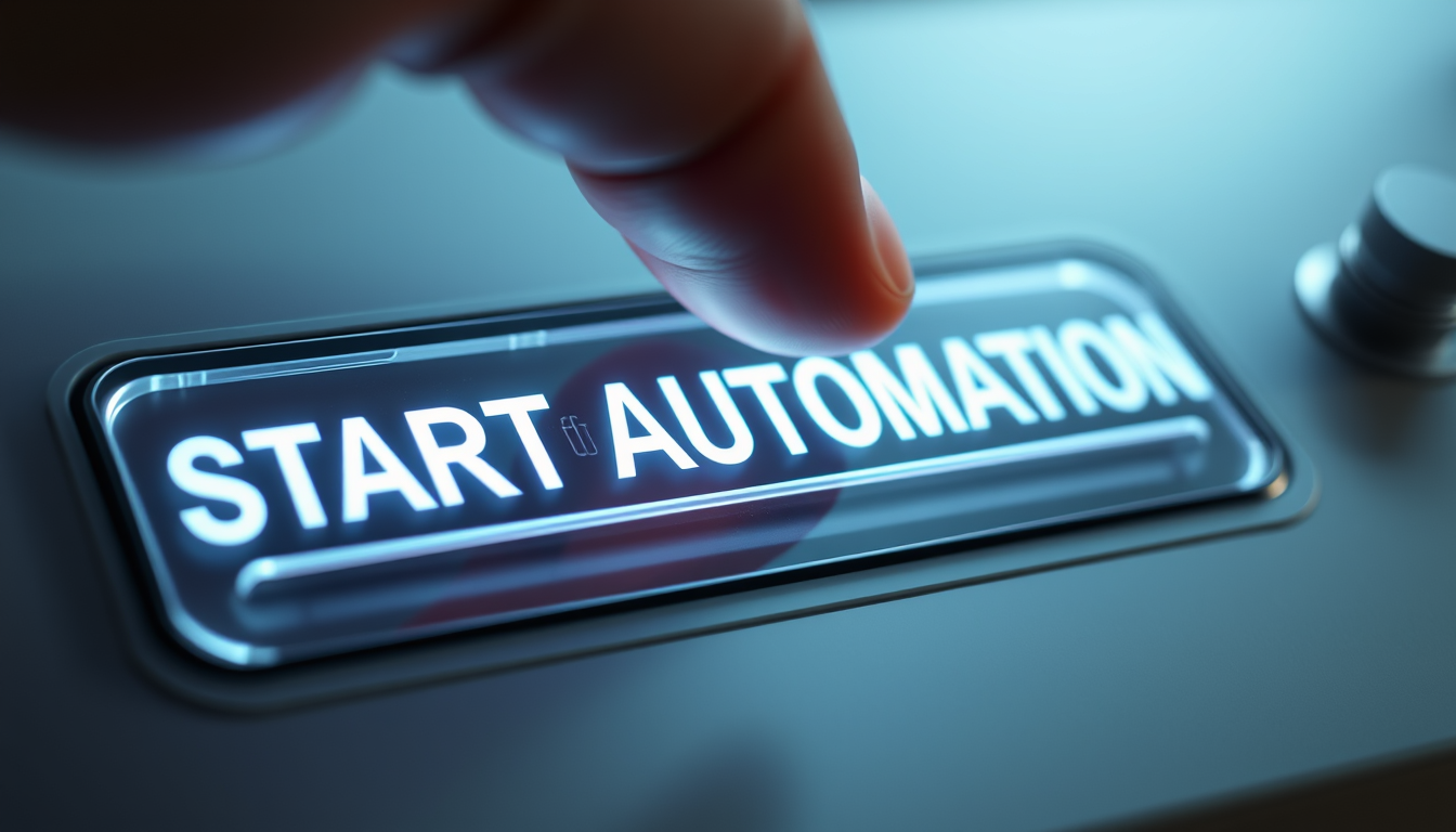 자동화 시작이라고 쓰인 빛나는 버튼을 누르기 직전의 손가락을 클로즈업하여, 지금 바로 자동화를 시작하라는 메시지를 전달하는 이미지