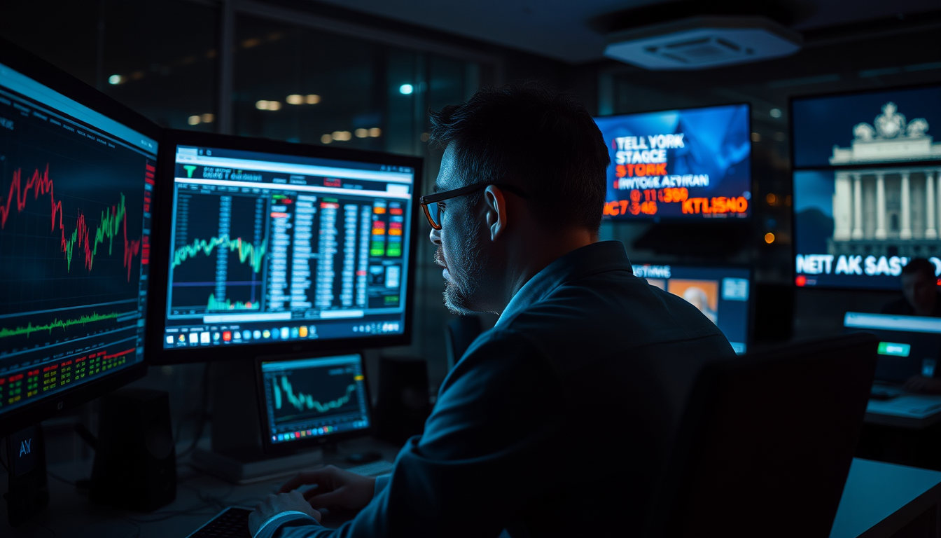 밤에 여러 모니터로 시간 외 거래와 해외 증시를 분석하는 투자자의 모습