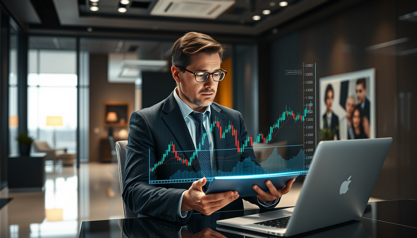 급등주 차트를 분석하며 매도 타이밍을 계획하는 전문 투자자의 모습