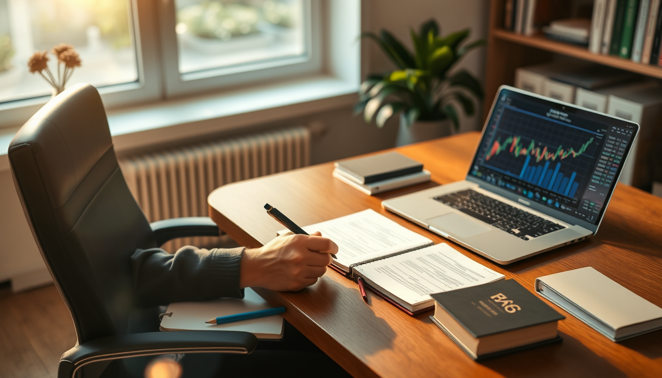 트레이더가 차분한 분위기에서 매매 일지를 작성하며 복기하고 학습하는 모습