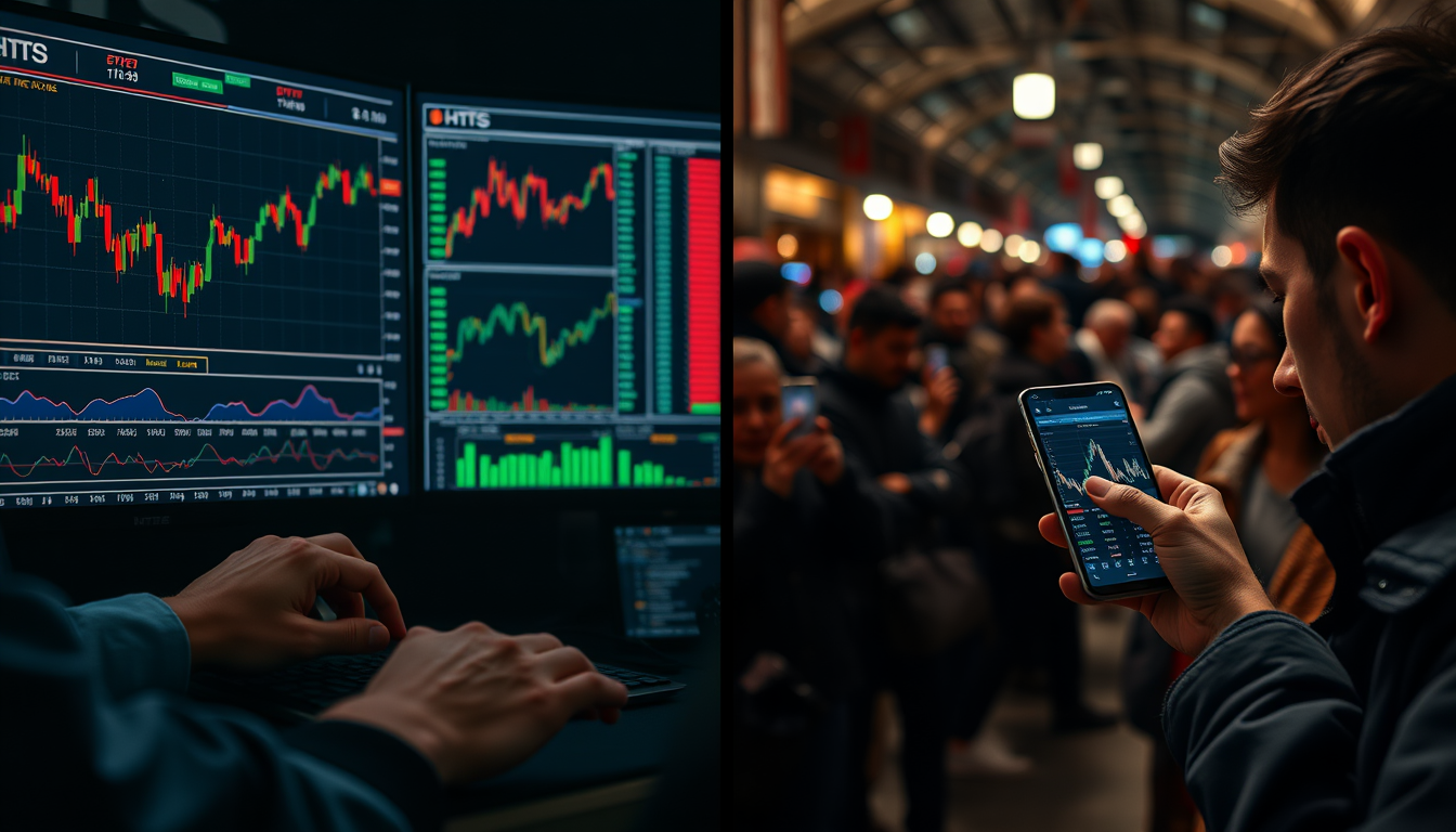전문적인 HTS 환경과 불안정한 MTS 환경을 비교하며 단타 매매 도구의 중요성을 강조하는 이미지