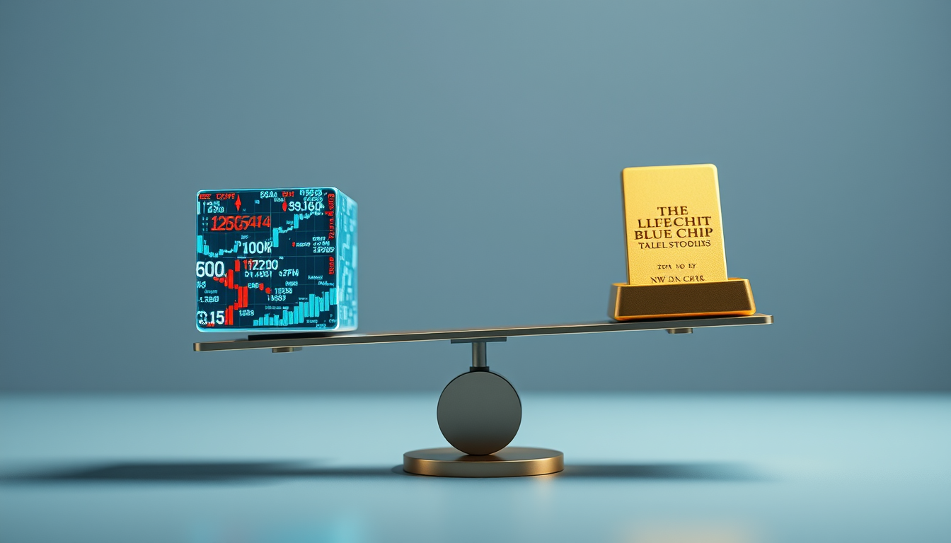 변동성 높은 테마주와 안정적인 우량주로 구성된 균형 잡힌 투자 포트폴리오를 상징하는 저울