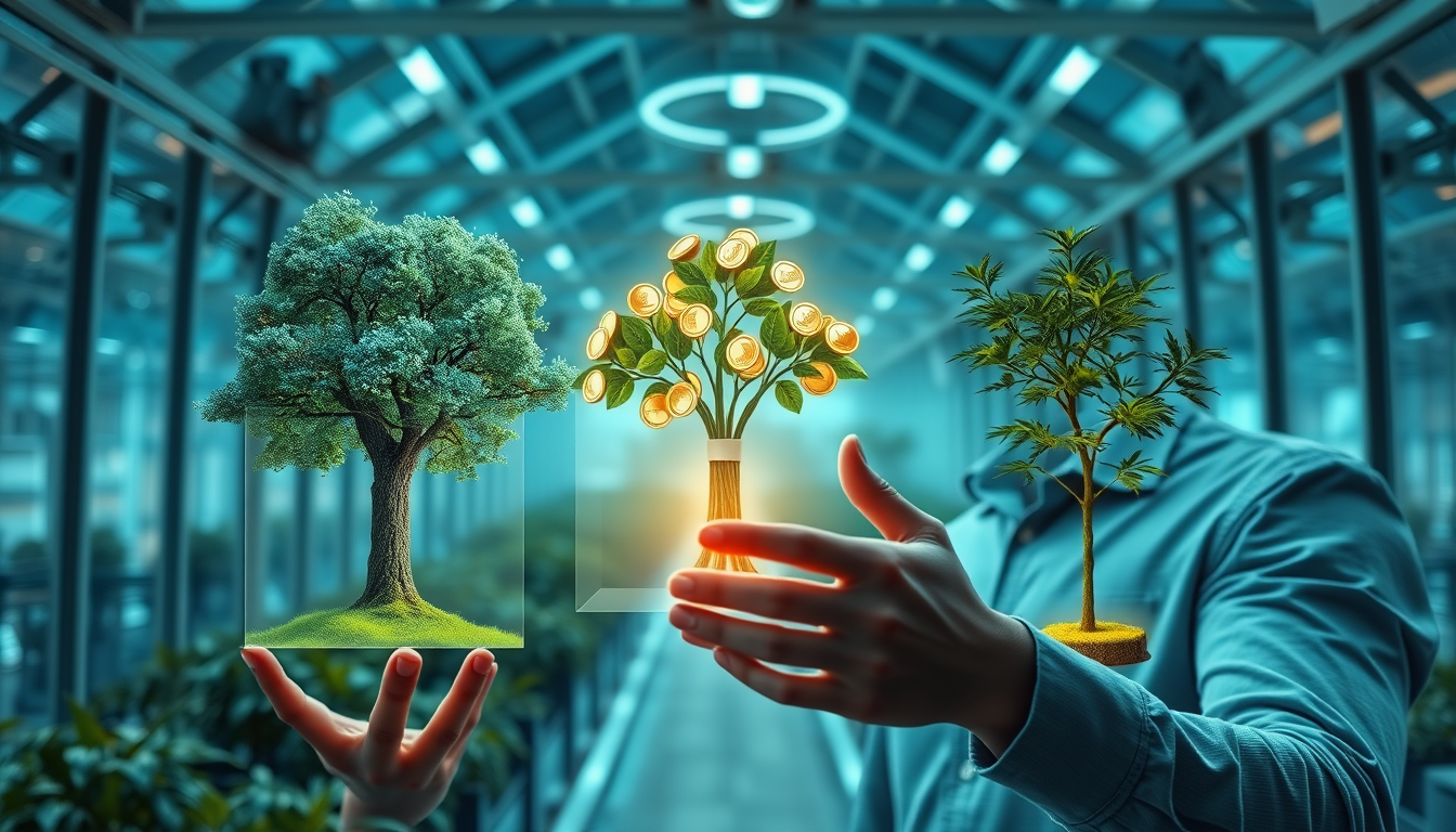 투자자가 우량주, 고배당주, 성장주를 상징하는 세 가지 유형의 식물을 살펴보는 모습