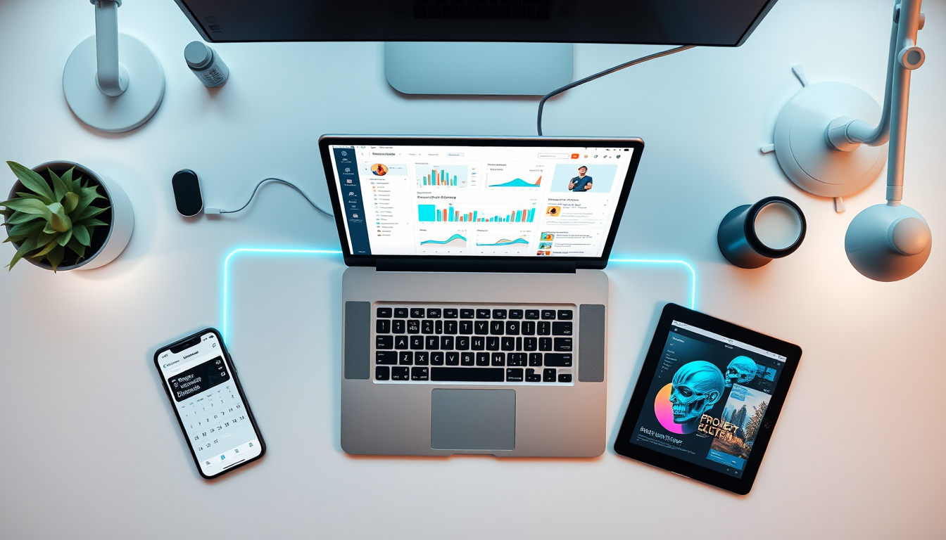 여러 생산성 앱들이 연동되어 자동화된 워크플로우를 보여주는 책상